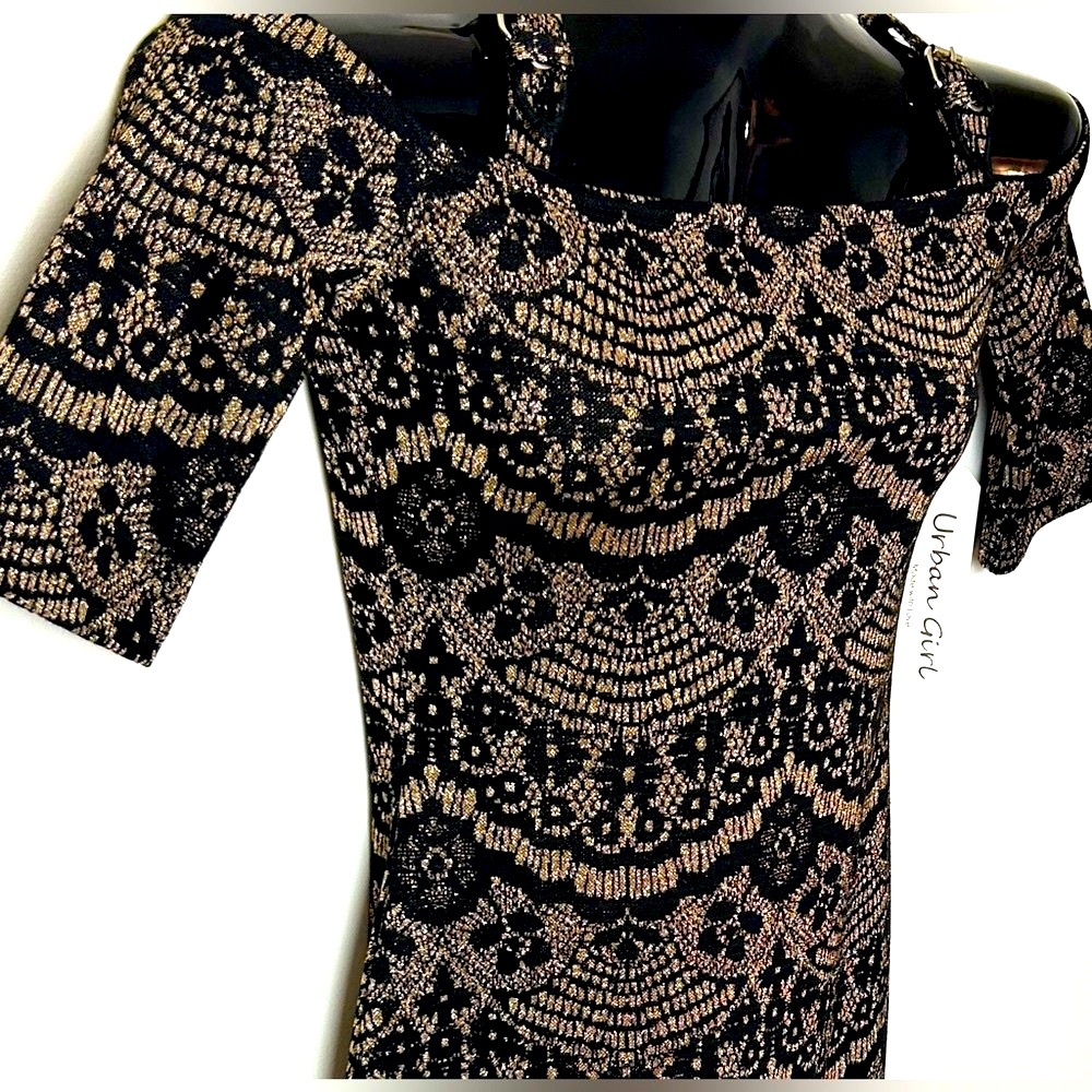 NWT Urban Girl Nites Black and Golden/Tan Fitted Dress! - Picture 7 of 15